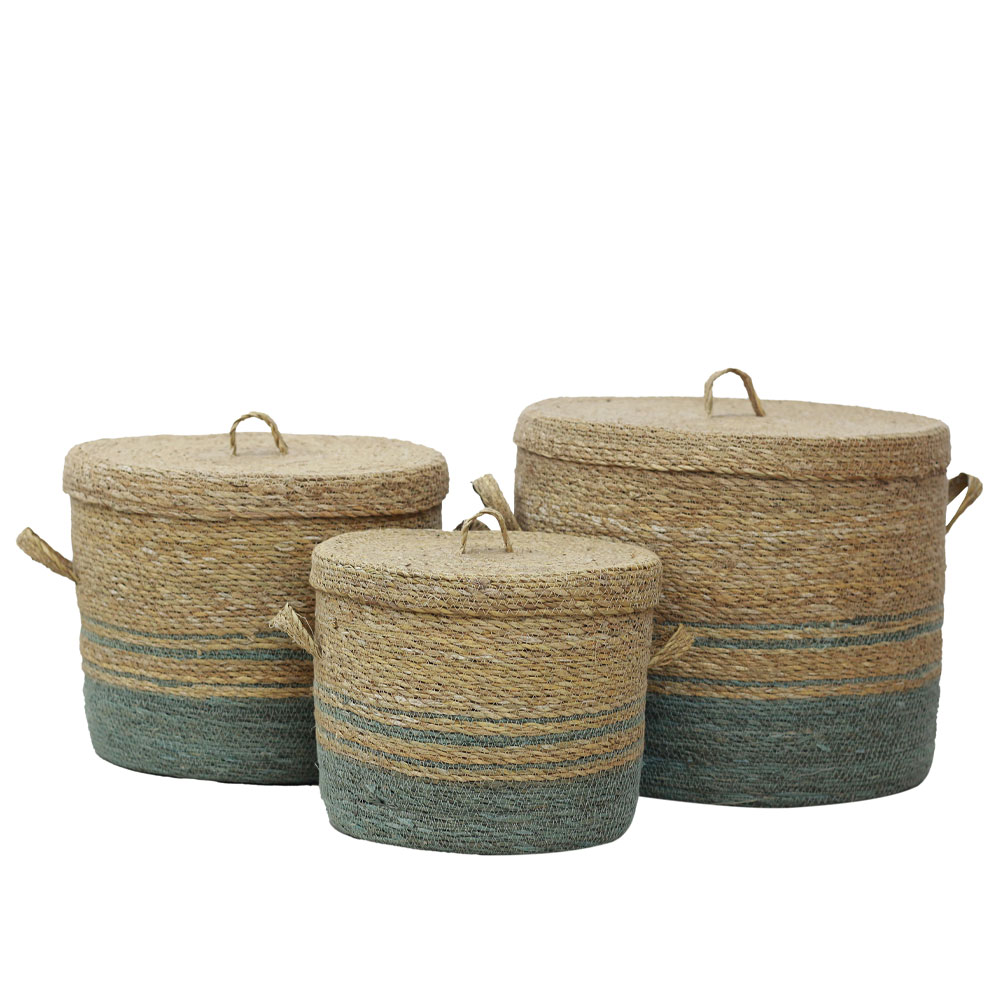 028694-ZPXbV-first-_1 Amorgos Καλαθι Με Καπακι Set 3τμχ 38x38x30cm Seagrass Φυσικο Μεντα - Image 1