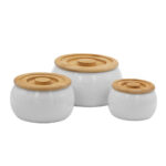 Curve Δοχειο Αποθηκευσης Με Καπακι Set 3τμχ 16x16x23cm Πορσελανη Λευκο Φυσικο Bamboo