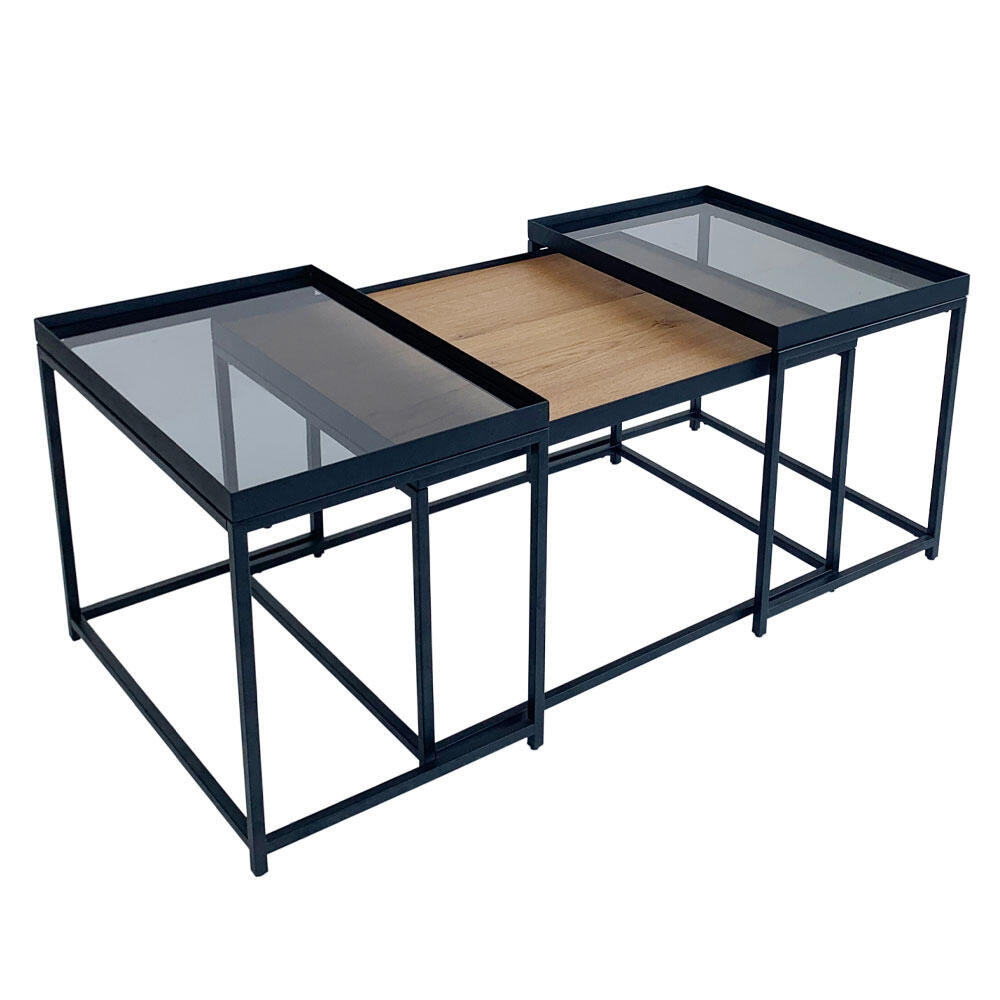 04-0972-4k8gr-first-_1 Harmonica Coffee Table Set 3τεμ Φυσικο Φιμε Μαυρο 75x55x44cm - Image 1