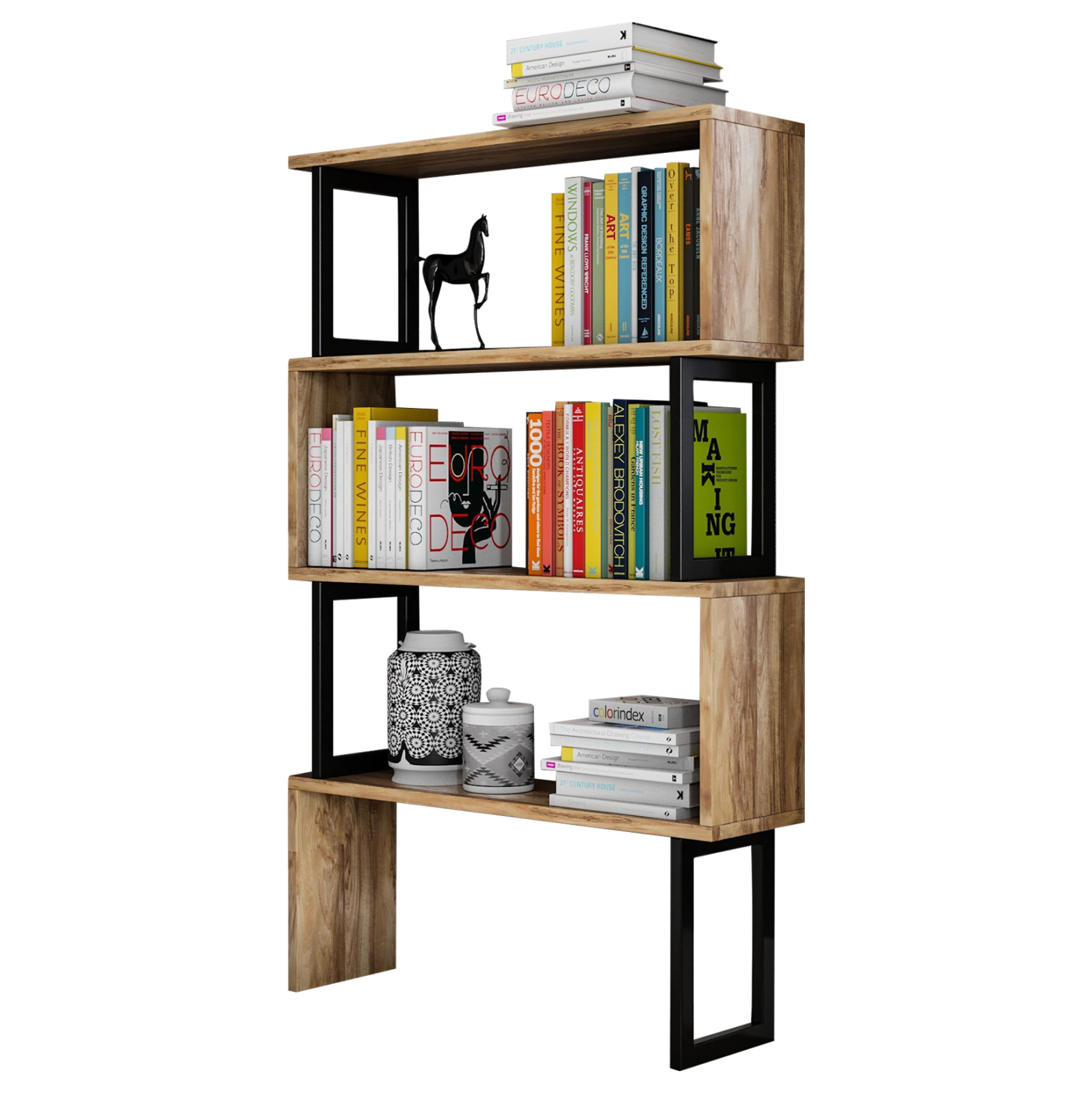 bibliothiki-karydi-me-mayro-skeleto-fb98 Βιβλιοθηκη Ingrid Καρυδι Με Μαυρο Σκελετο HM8867.01 80x22x128 Εκ. - Image 1