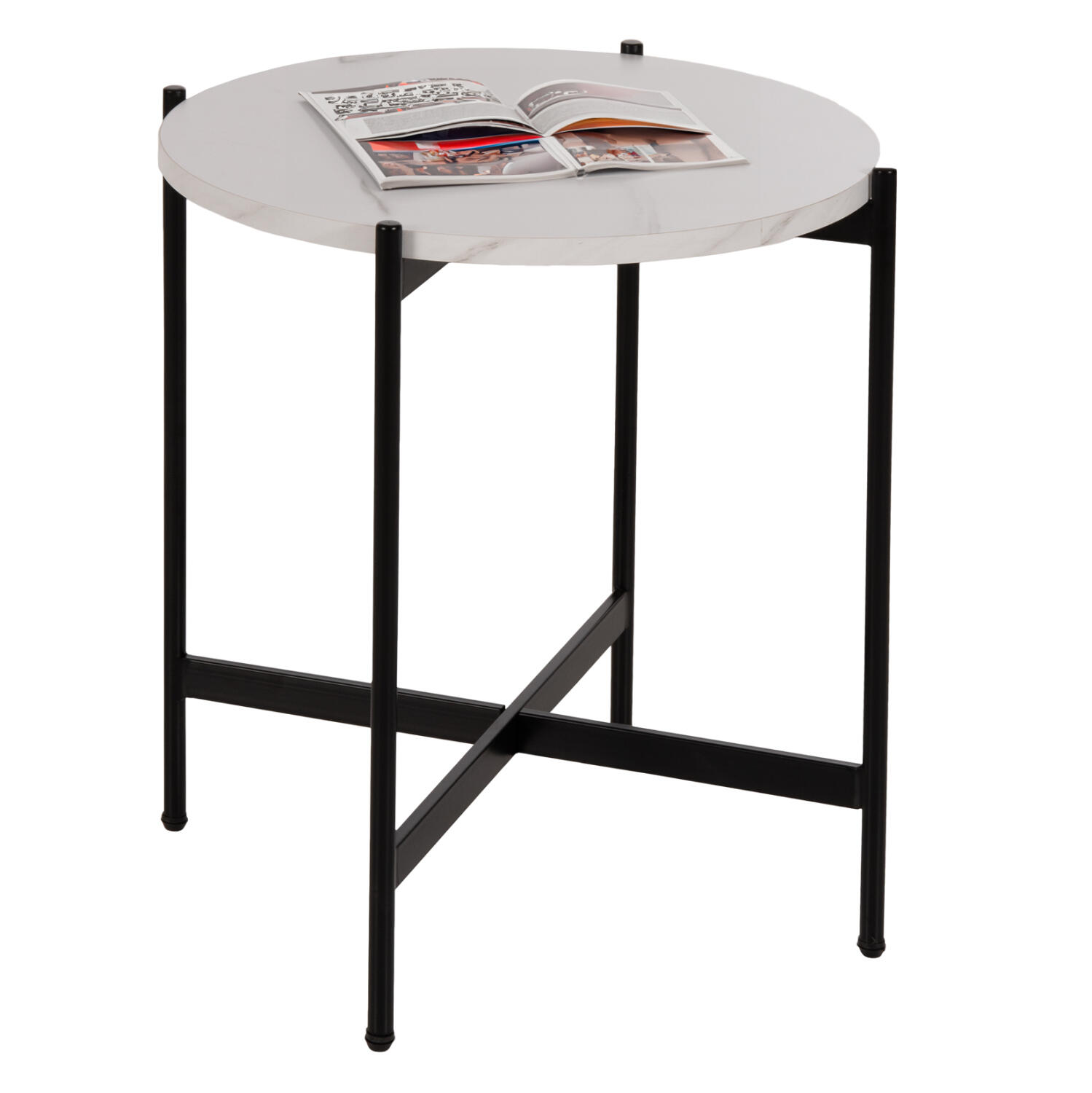 boithitiko-trapezi-fb9958905-mdf-leyko-m Βοηθητικο Τραπεζι HM9589.05 MDF Λευκο Μαρμαρο-Μαυρη Μεταλλικη Βαση φ50x55υεκ. - Image 1