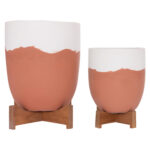 Γλαστρες Σετ 2τμχ Seon HM4686.08 Terracotta Σε Λευκο & Τερακοτα--Teak Βαση - Image 4