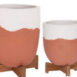 Γλαστρες Σετ 2τμχ Seon HM4686.08 Terracotta Σε Λευκο & Τερακοτα--Teak Βαση - Image 5