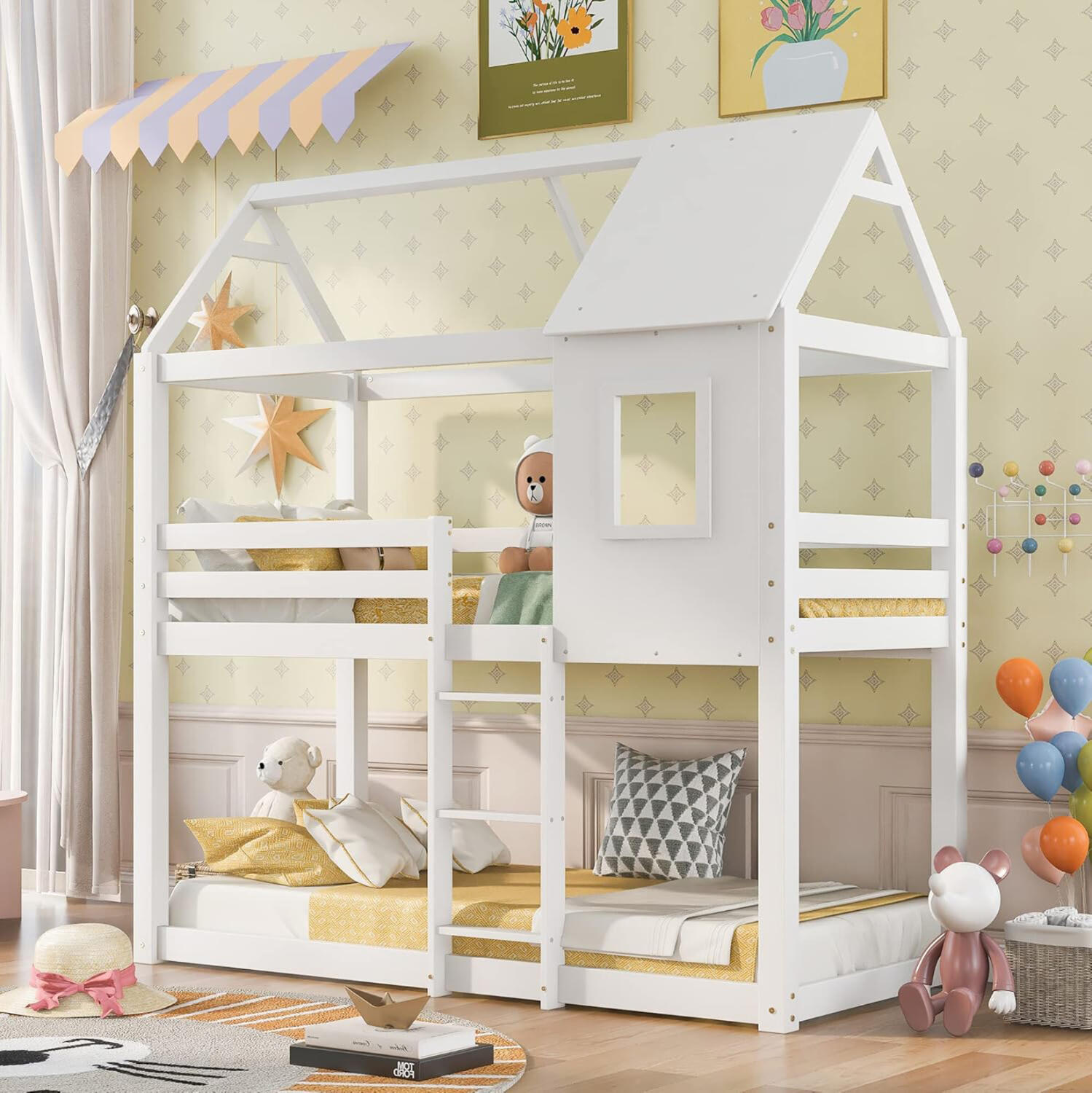 paidiki-koyketa-spitaki-tmontessori-fb97 Παιδικη Κουκετα Σπιτακι Τ.montessori Hood HM705.03 Ξυλο Πευκου Σε Λευκο-Στρωματα 190x90εκ - Image 1