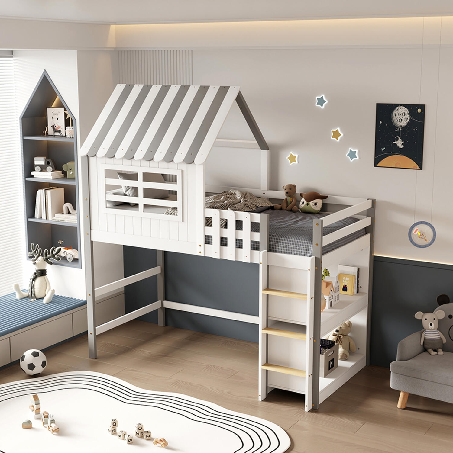 paidiko-krebati-tmontessori-me-plaina-ra Παιδικο Κρεβατι Τ.montessori Με Πλαινα Ραφια Homi HM712 Ξυλο Πευκου Λευκο-Γκρι-Στρωμα 90x190εκ - Image 1