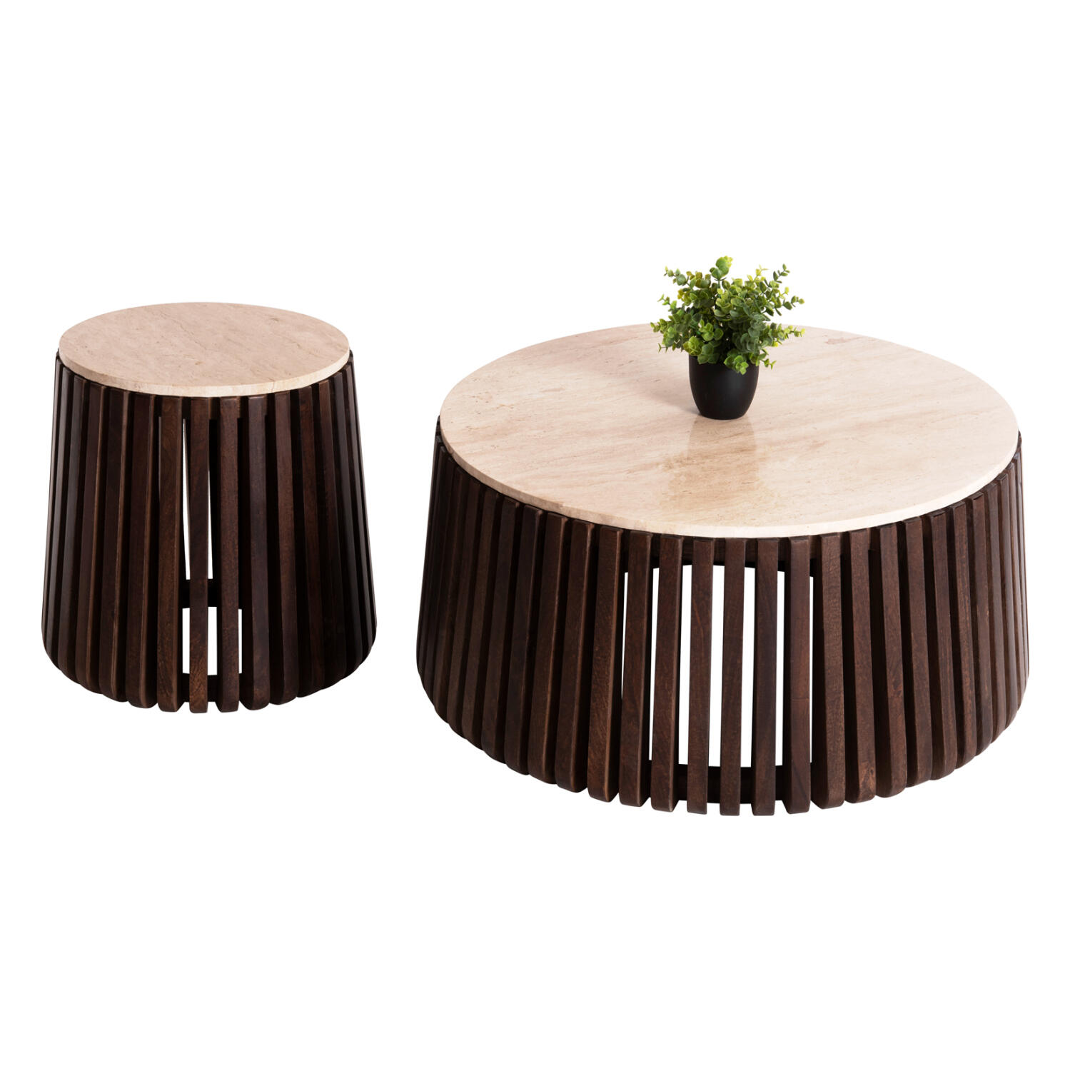 set-2tmch-trapezia-salonioy-stroggyla-fb Σετ 2τμχ Τραπεζια Σαλονιου Στρογγυλα Krest HM11958 Μασιφ Ακακια-Τραβερτινα φ90 & φ50 - Image 1