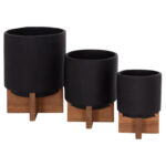 Σετ 3 Γλαστρες Με Teak Βασεις Tanti HM4685.01 Fiber Cement Σε Μαυρο Χρωμα