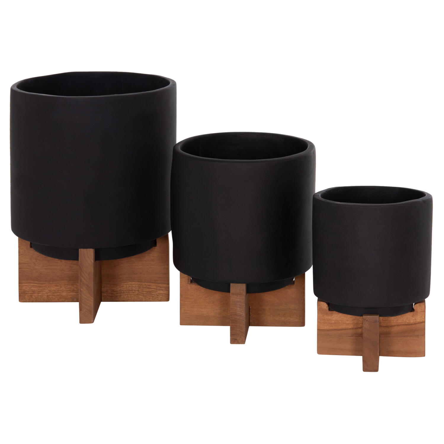 set-3-glastres-me-teak-baseis-fb9468501- Σετ 3 Γλαστρες Με Teak Βασεις Tanti HM4685.01 Fiber Cement Σε Μαυρο Χρωμα - Image 1