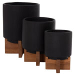 Σετ 3 Γλαστρες Με Teak Βασεις Tanti HM4685.01 Fiber Cement Σε Μαυρο Χρωμα - Image 5