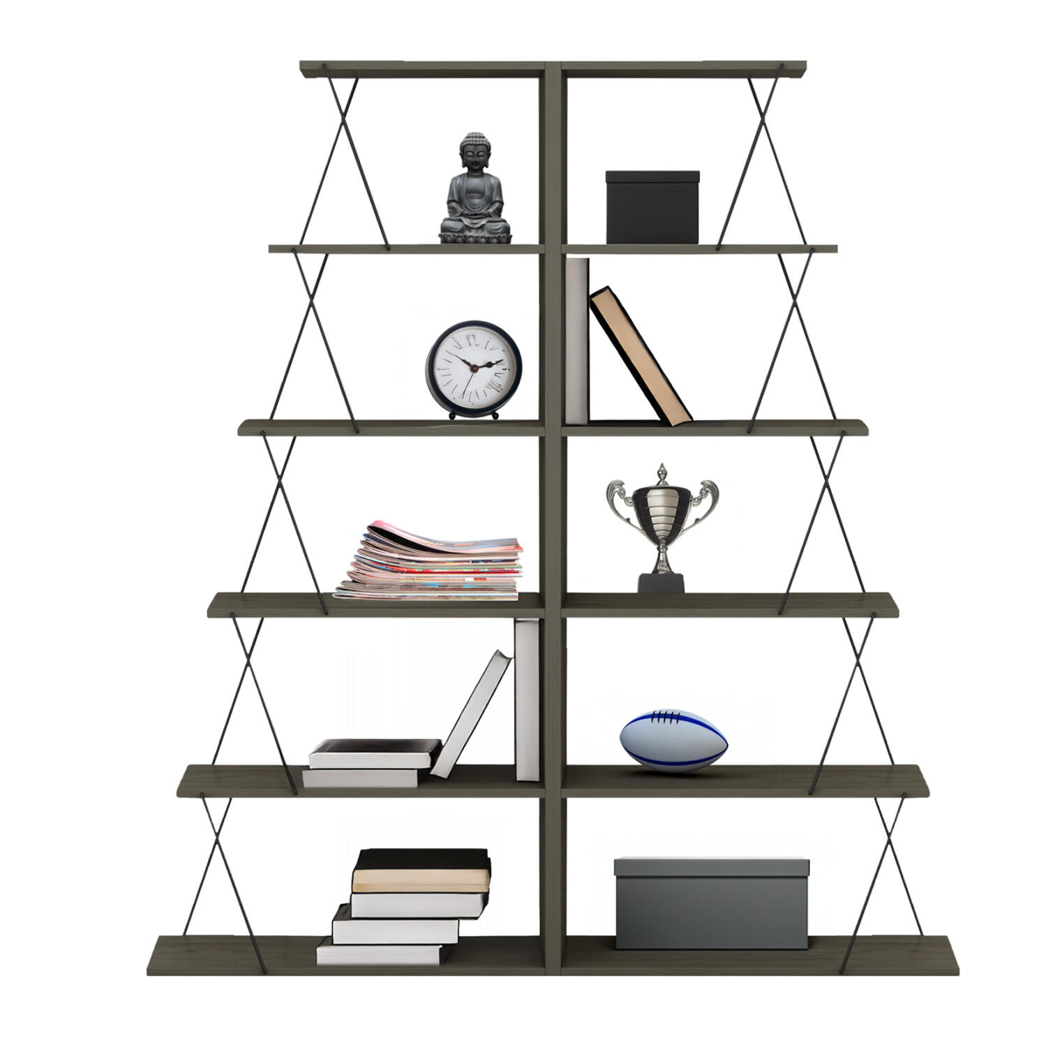 set-bibliothikes-2tmch-fb91177213-melami Σετ Βιβλιοθηκες 2τμχ Mini Tars HM11772.13 Μελαμινη Olive Grey-Μαυρες Βεργες 65x24x146υεκ.(x2) - Image 1