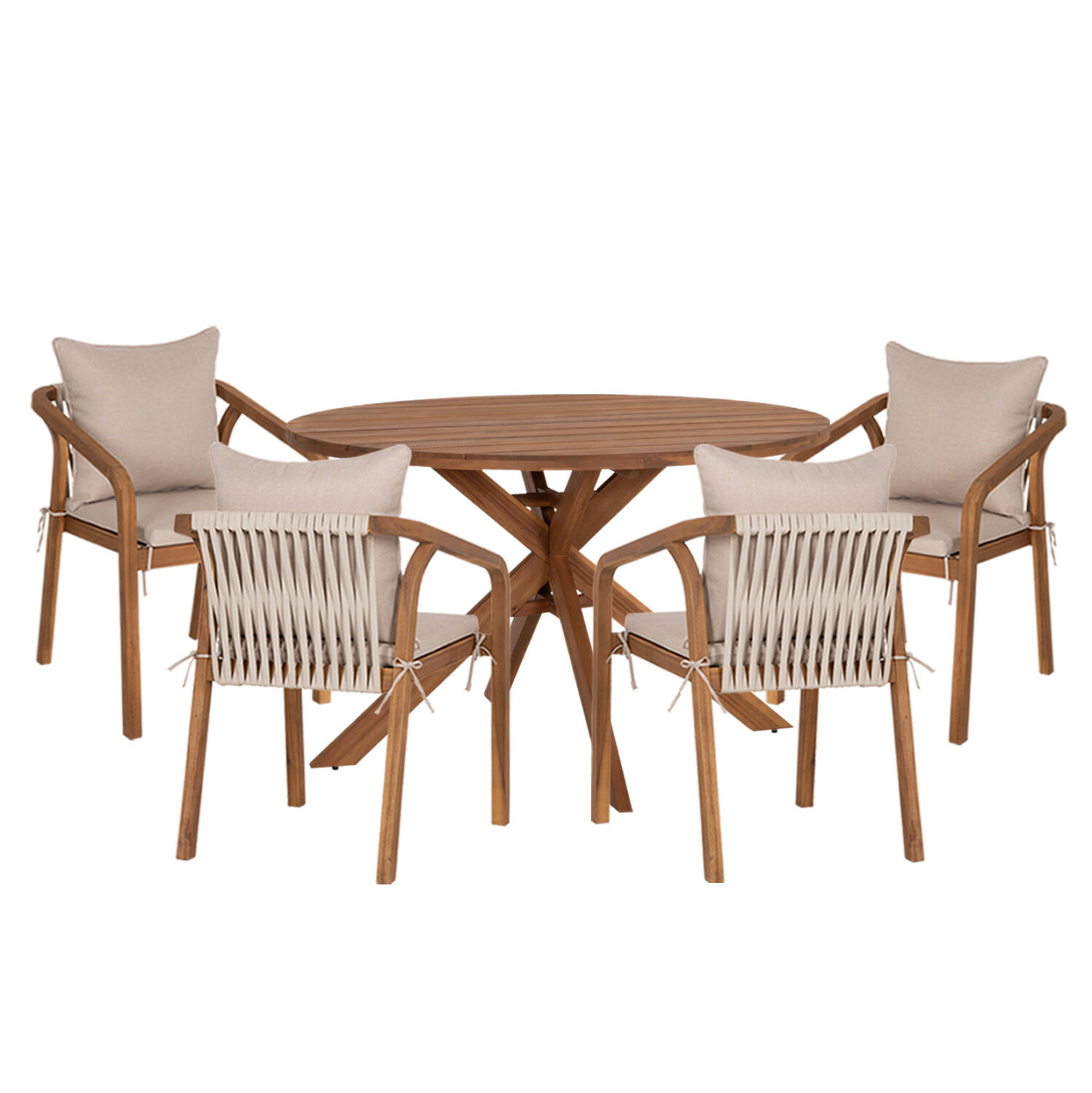 set-trapezarias-exchoroy-5tmch-fb910992- Σετ Τραπεζαριας Εξ.χωρου 5τμχ Nori HM10992 Ξυλο Ακακιας Φυσικο-Μπεζ Μαξιλαρια - Image 1