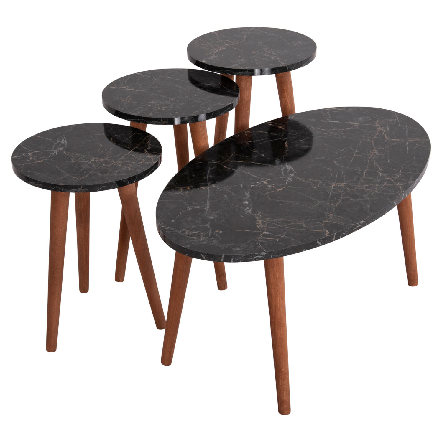 set-trapezia-salonioy-fb91818002-melamin Σετ Τραπεζι Σαλονιου & 3 Βοηθ.τραπεζια Vital HM18180.02 Μελαμινη Μαυρο Μαρμαρο-Καρυδι Ποδια - Image 1