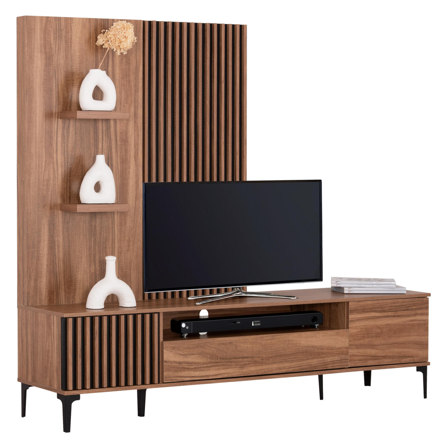 synthesi-tileorasis-fb91801001-melamini- Συνθεση Τηλεορασης Σειρα Harry HM18010.01 Μελαμινη Φυσικο-Μαυρο 205,5x40x167,5υεκ - Image 1