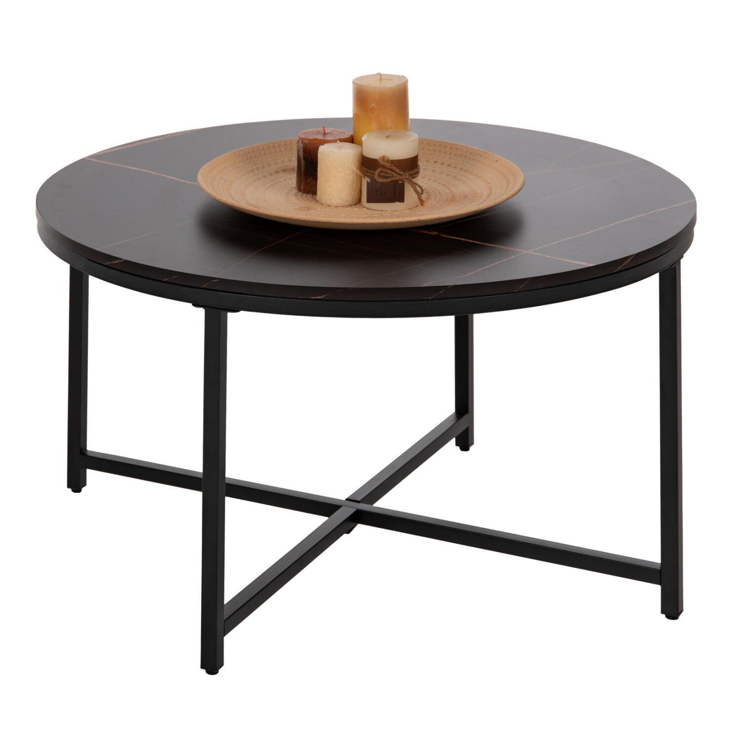 trapezi-salonioy-fb9942003-black-marble- Τραπεζι Σαλονιου HM9420.03 Black Marble Μελαμινη-Μαυρη Μεταλλικη Βαση φ80x48,5yεκ. - Image 1