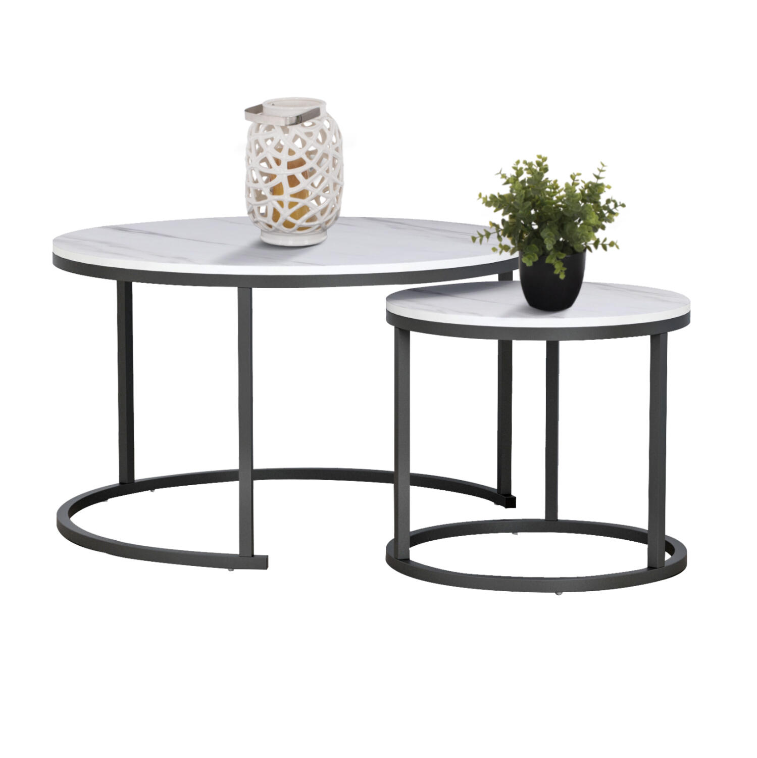 trapezi-salonioy-set-2tmch-mdf-efe-leyko Τραπεζι Σαλονιου Σετ 2τμχ MDF Εφε Λευκο Μαρμαρο Με Μαυρα Ποδια φ80κφ48εκ.hm8763.12 - Image 1
