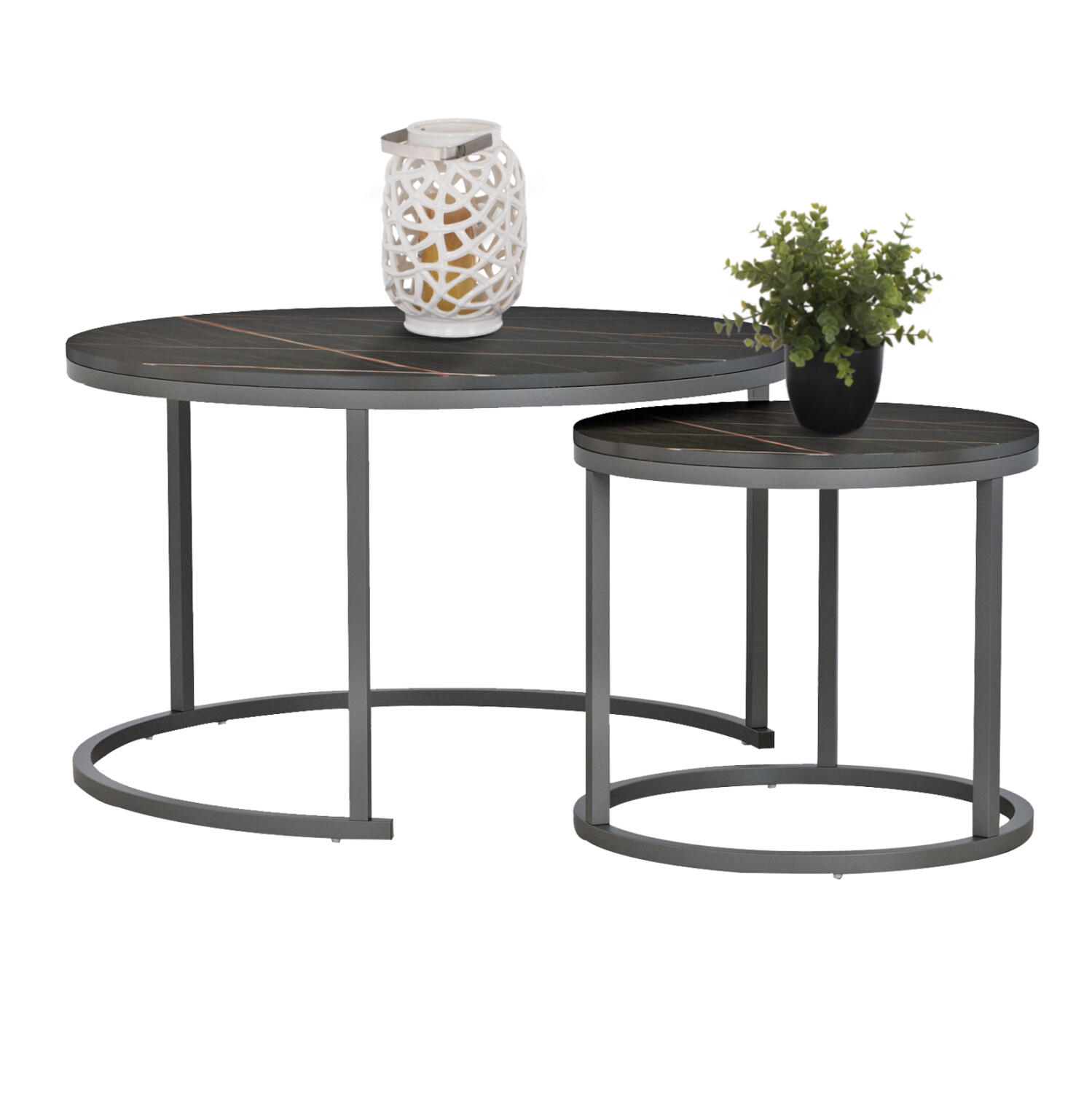 trapezi-salonioy-set-2tmch-mdf-efe-mayro Τραπεζι Σαλονιου Σετ 2τμχ MDF Εφε Μαυρο Μαρμαρο Με Μαυρα Ποδια φ80κφ48εκ.hm8763.13 - Image 1
