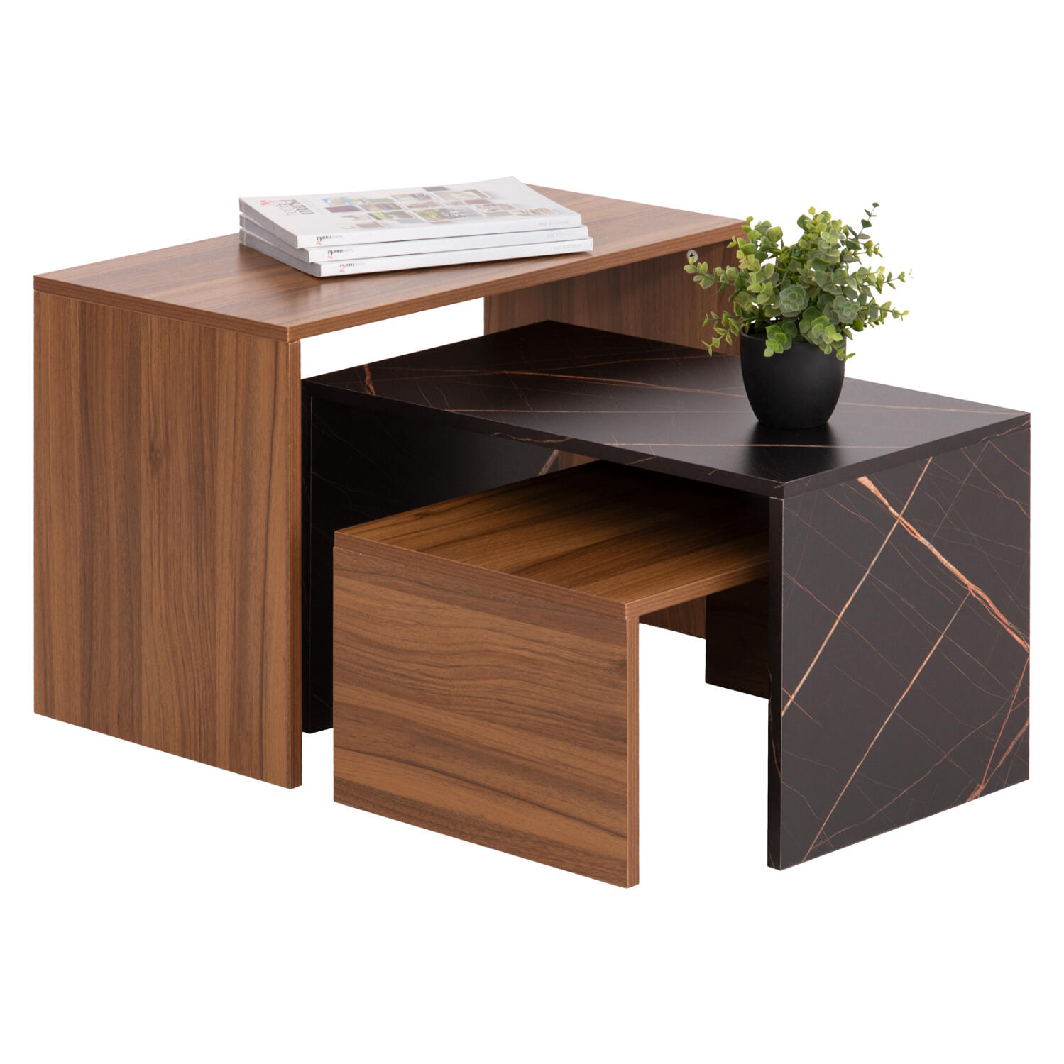 trapezi-salonioy-set-3tmch-fb9944412-mel Τραπεζι Σαλονιου Σετ 3τμχ Bentil HM9444.12 Μελαμινη Καρυδι-Μαυρο Μαρμαρο 65x35x45υεκ - Image 1