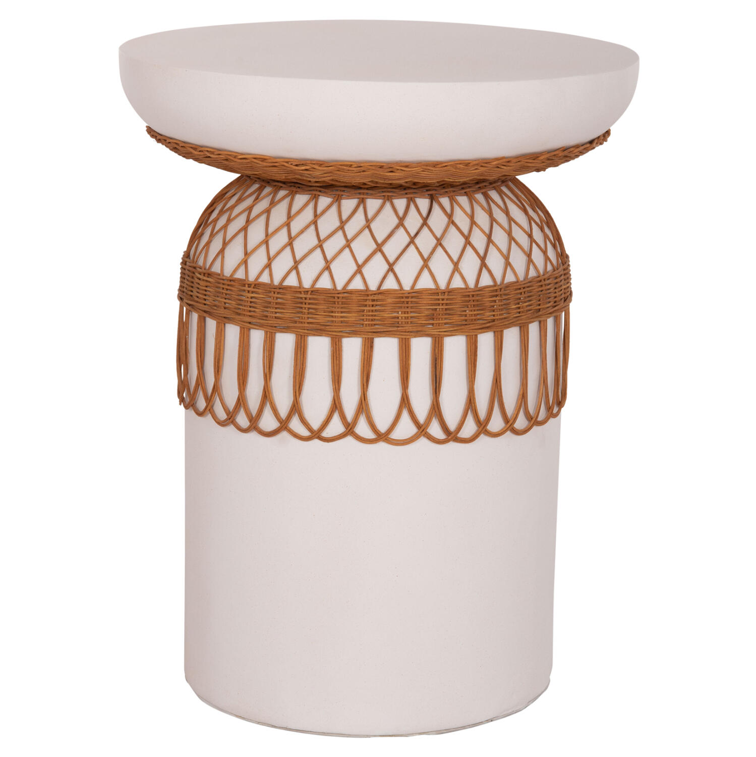 trapezi-trapezarias-fb91815902-fiber-cem Βοηθητικο Τραπεζι Prilep HM18159.02 Fiber Cement Λευκο & rattan--φ60x76,5υεκ - Image 1