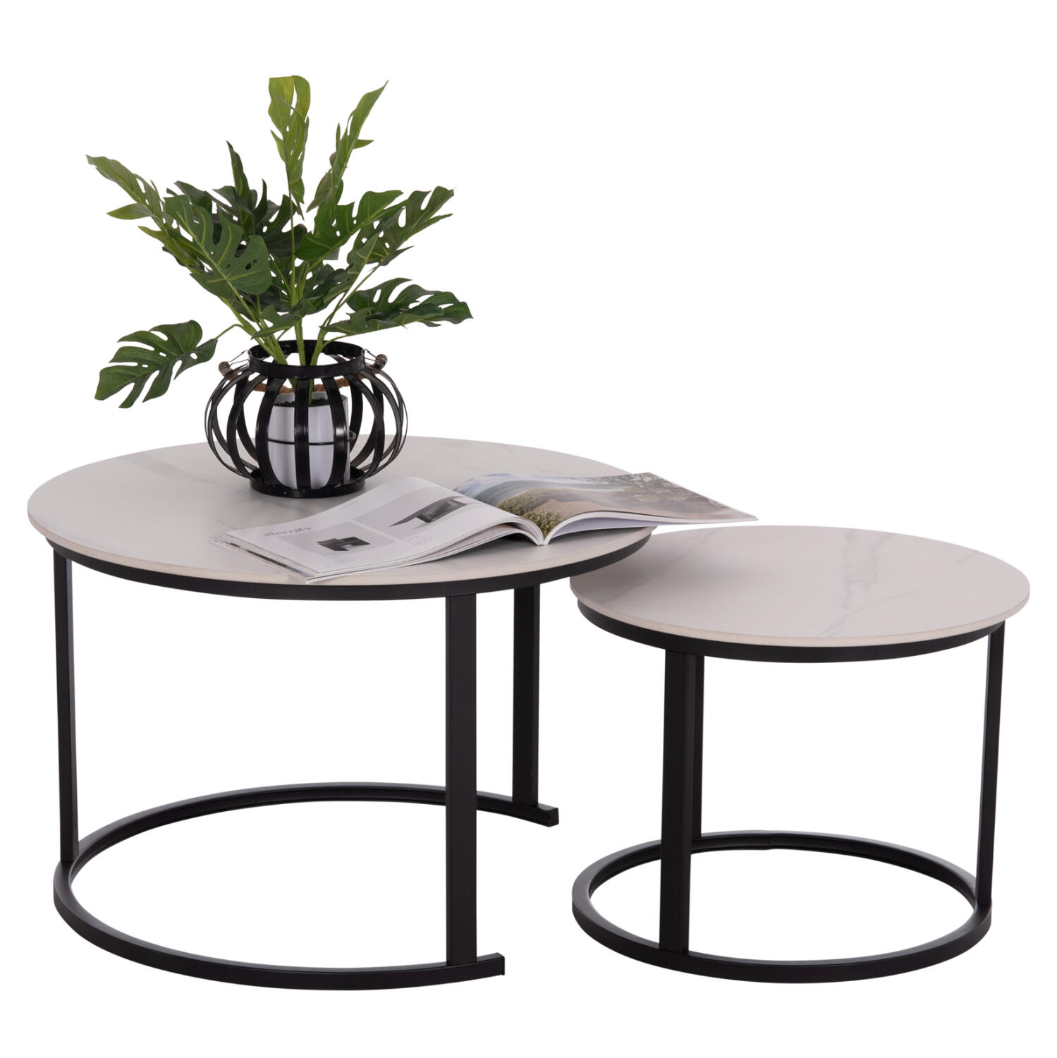 trapezia-salonioy-set-2tmch-fb91814001-k Τραπεζιa Σαλονιου Σετ 2τμχ Talos Κεραμικο Top Με Οψη Λευκου Μαρμαρου HM18140.01 φ70+φ50 - Image 1
